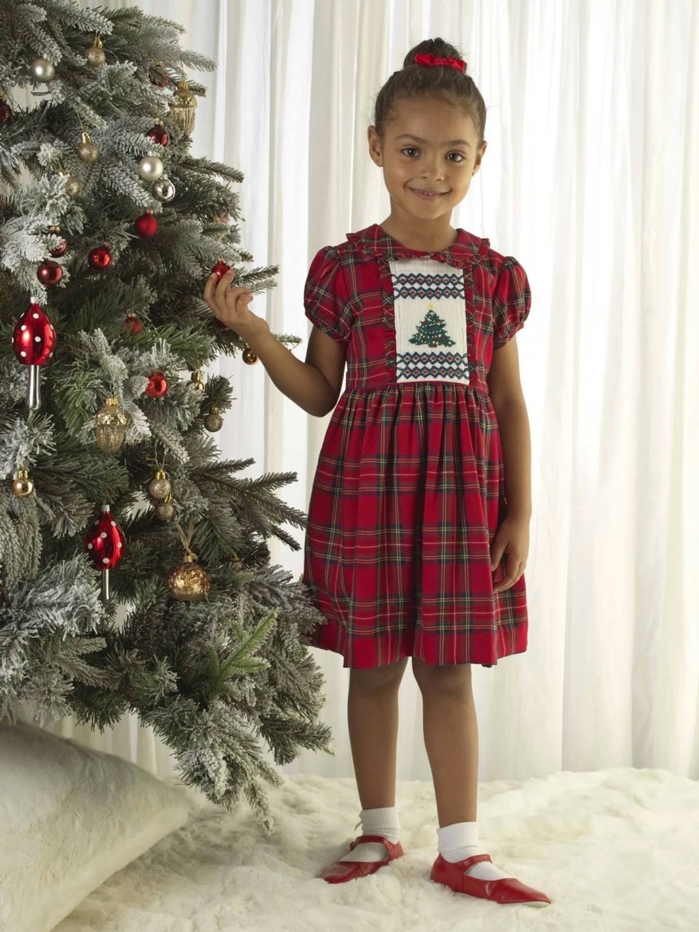 Rachel Riley Girls Plaid Christmas Tree Smocked Dress - Size 8Y